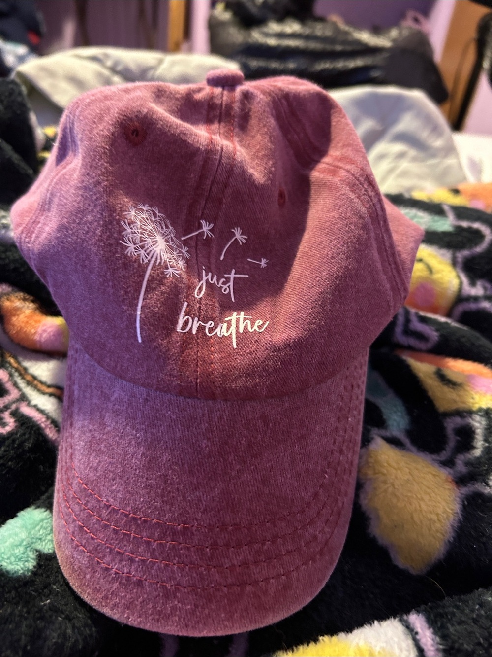 Pink 'Just Breathe' Dandelion Baseball Cap